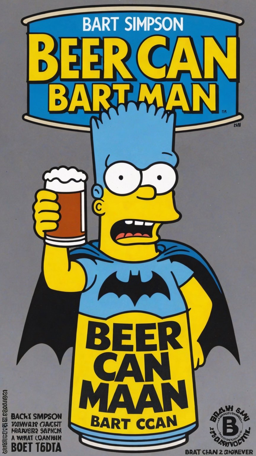 Photo of Bart Simpson as batman in beer can with text that says "Beer can Bart man"