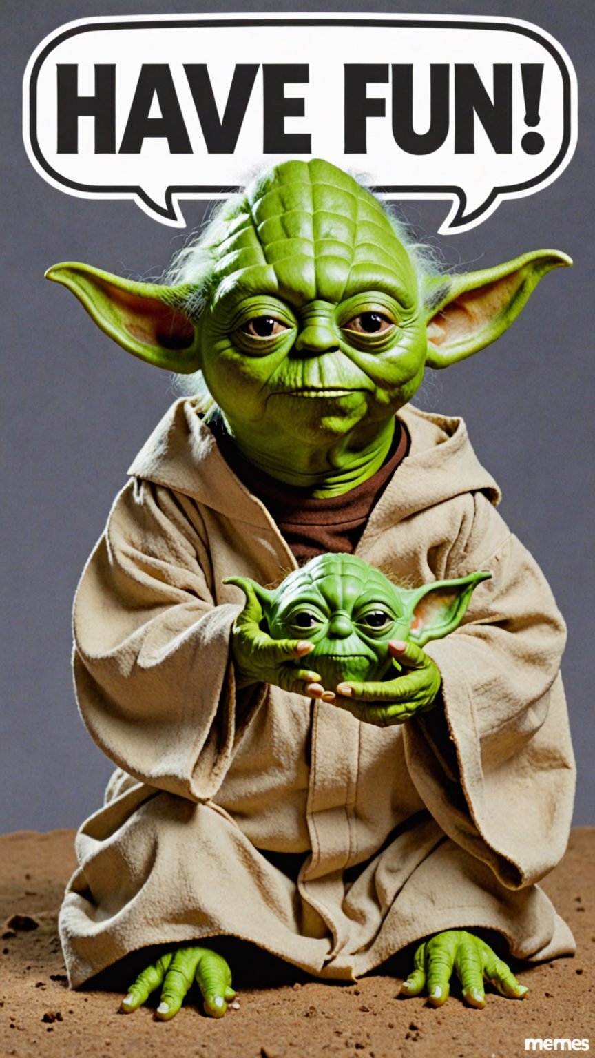Photo of Yoda with text bubble that says "have fun with memes xl" 