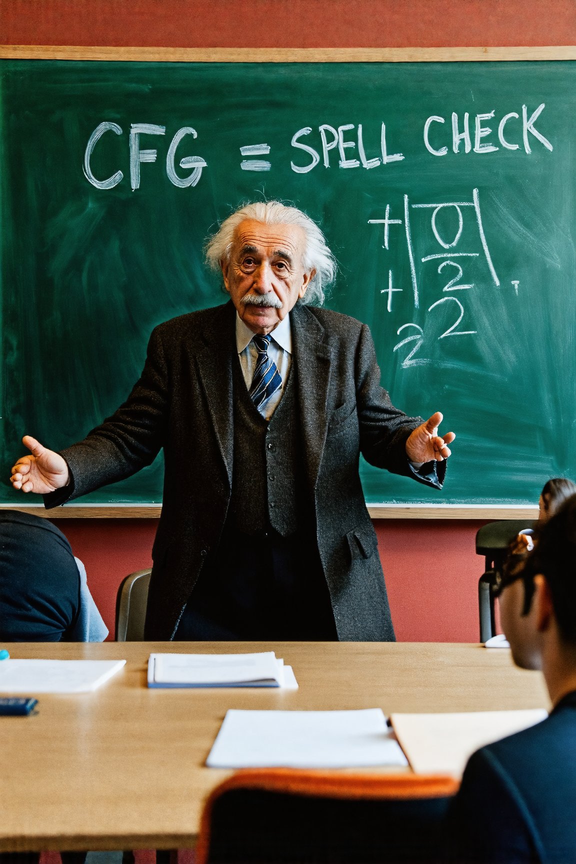Photo of Albert Einstein teaching class with chalk writing on chalkboard that says "CFG = SPELL CHECK"