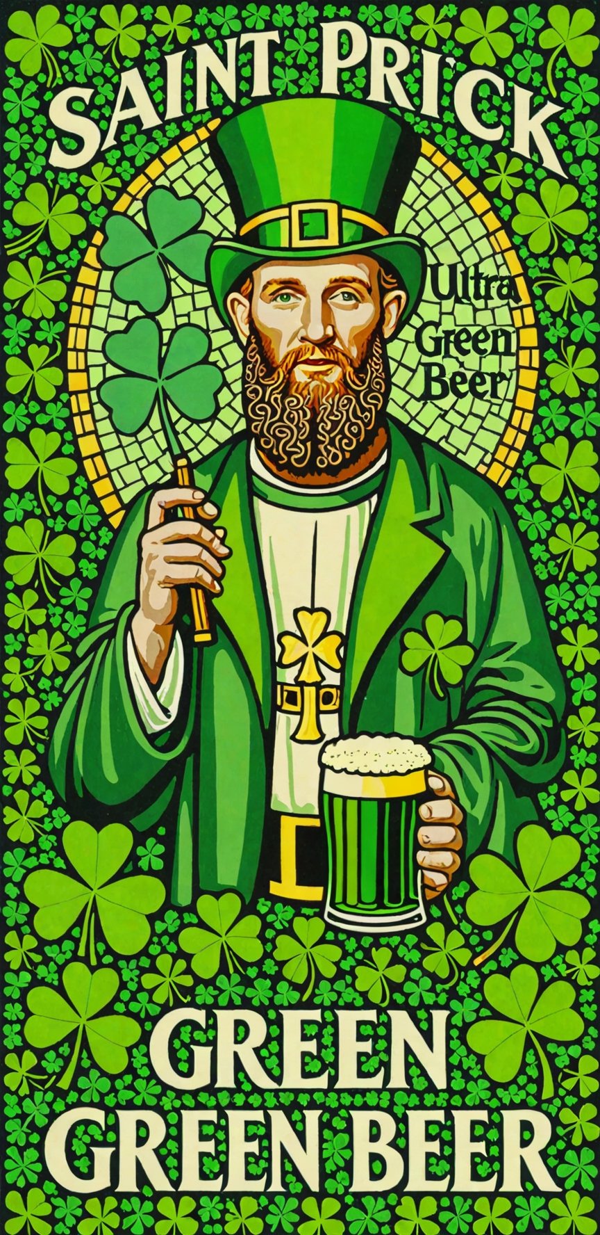 (masterpiece, best quality, ultra-detailed), Image of Saint Patrick, four leaf clover mosaic, with text that says "Green Beer"