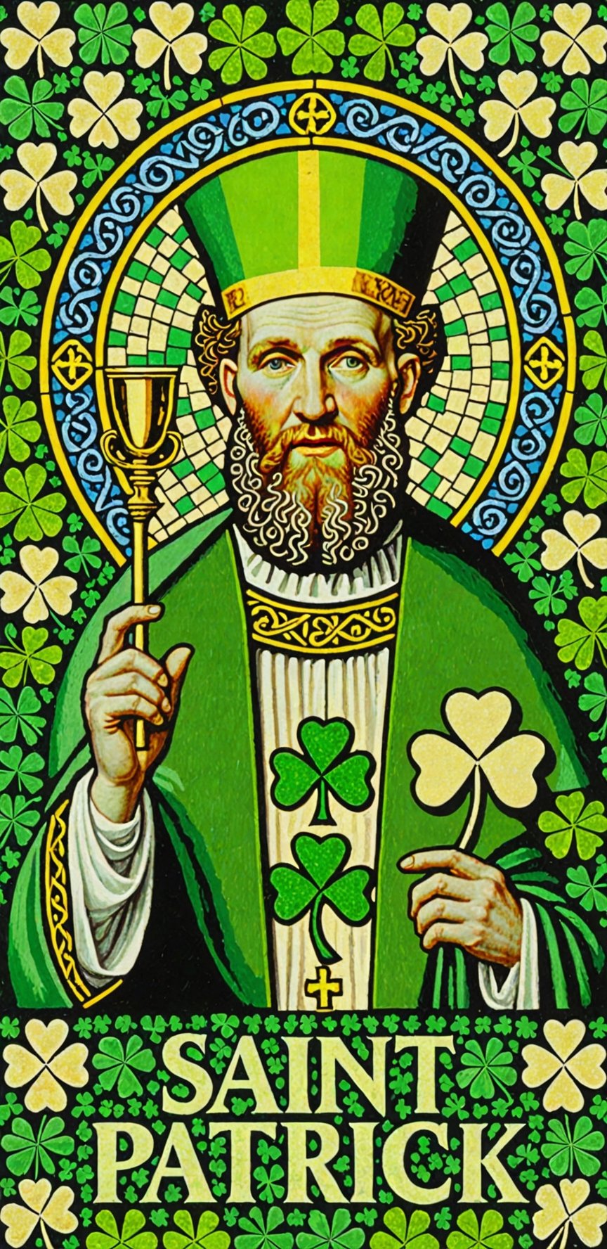 (masterpiece, best quality, ultra-detailed), Image of Saint Patrick, four leaf clover mosaic, with text that says "Saint Patrick"