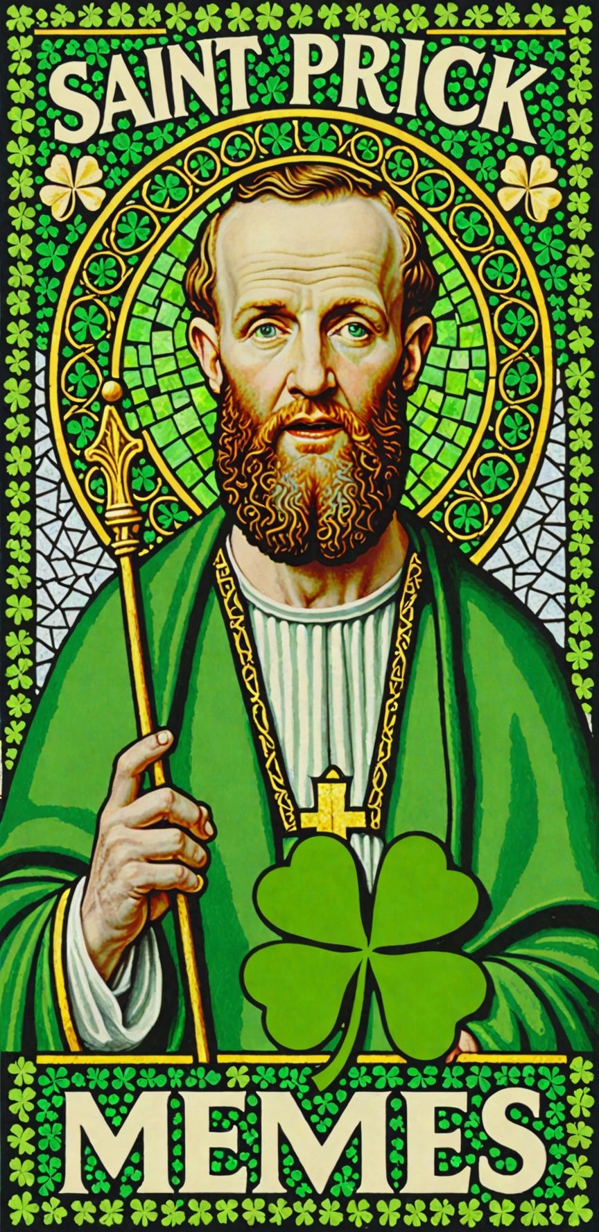 (masterpiece, best quality, ultra-detailed), Image of Saint Patrick, four leaf clover mosaic, with text that says "Memes XL"