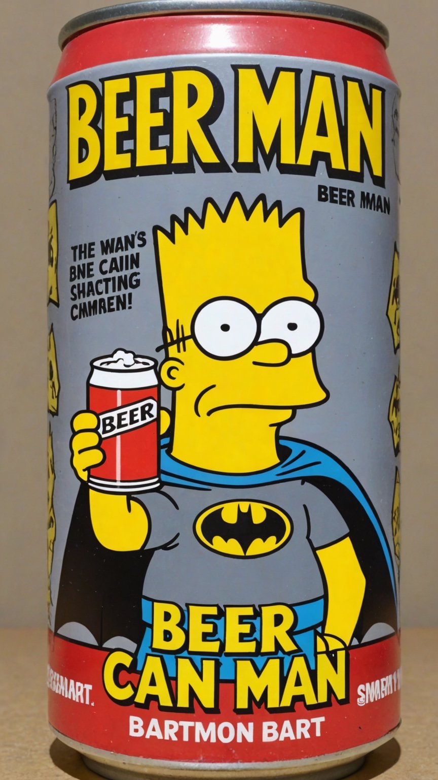 Photo of Bart Simpson as batman in beer can with text that says "Beer man Bart can"