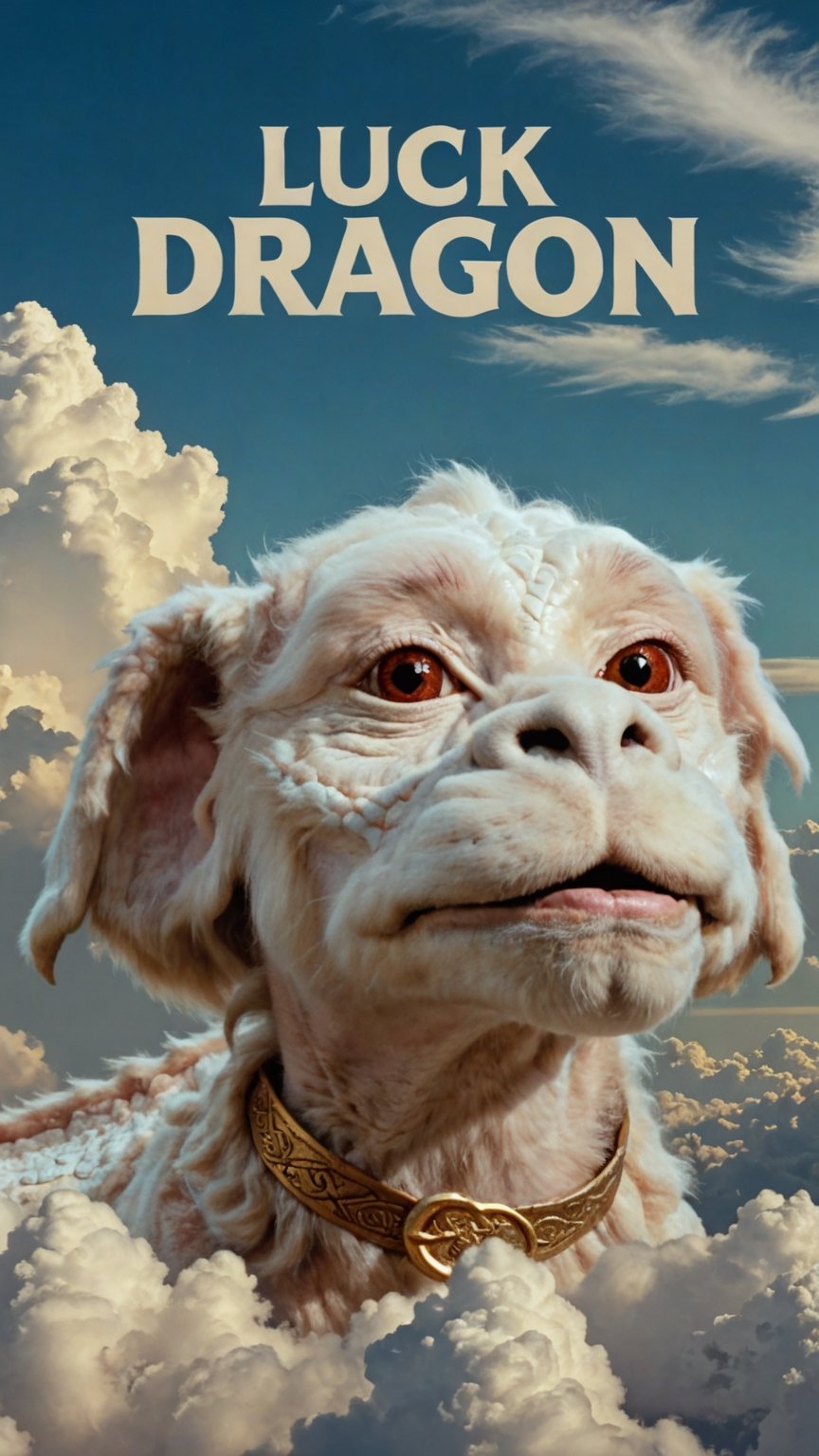 Photo of falkor in clouds with text that says "luck dragon" 