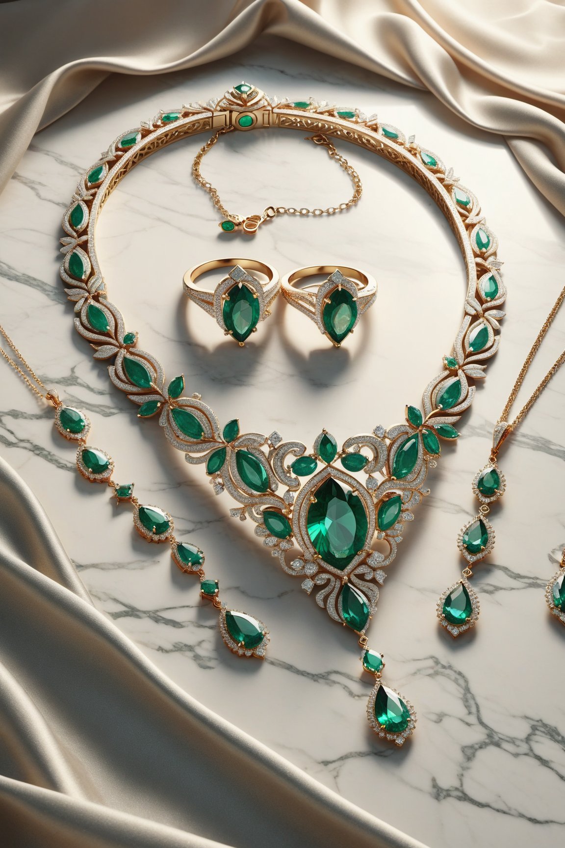 Photorealistic render in high definition of a diamond and emerald jewelry set with a beautiful presentation that includes a necklace, bracelet, ring and earrings, on a background of fabric and marble and luxurious oriental decoration, a blurred background and full of elegant mystery, details symmetrical, geometric and parametric, Technical design, Ultra intricate details, Ornate details, Stylized, futuristic and biomorphic details, Architectural concept, Low contrast details, Cinematic lighting, 8k, Moebius, Fullshot, Epic, Fullshot, Octane render, Unreal, Photorealistic, Hyperrealism