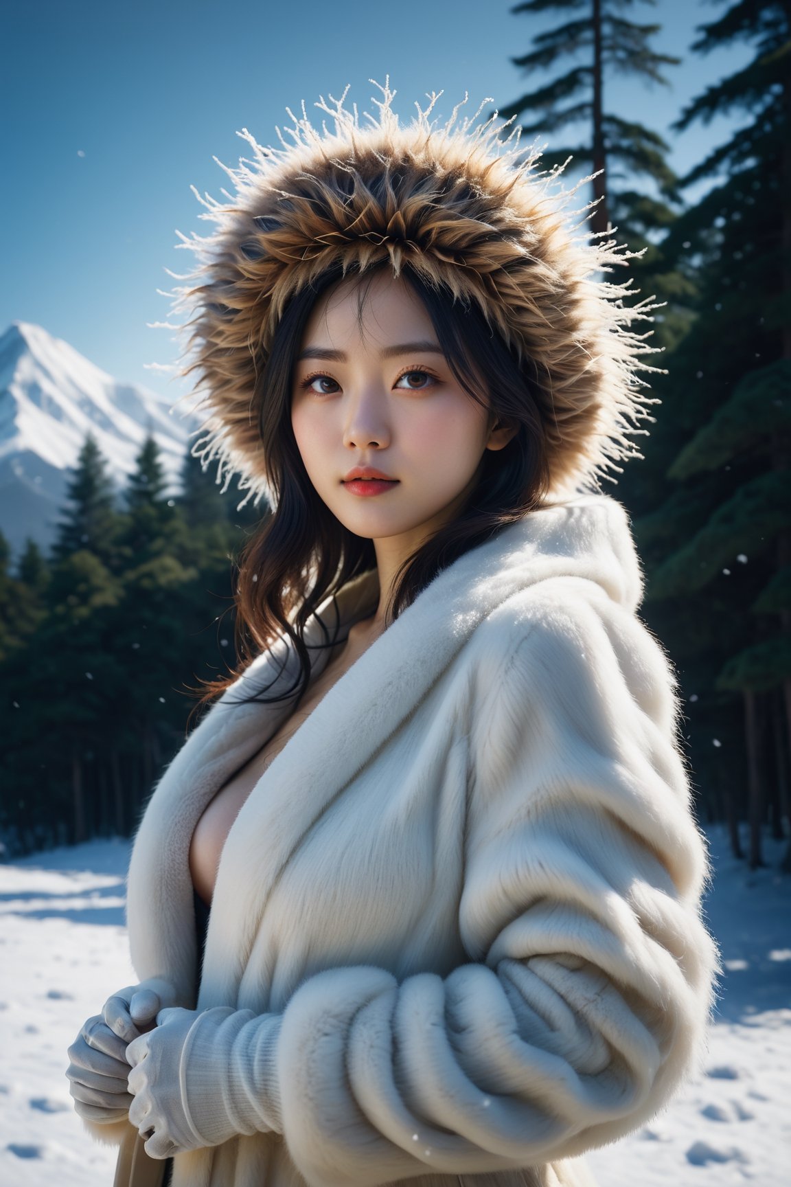 HONG KONG Girl ((September Ai)) ,  short messy hair, 

Stunning and beautiful Japanese super model, wearing white fur long coat on the naked body and fur hat, standing on the snow fileld Full-body wide shot, 18mm lens, zoom out, clouds, mist, outdoors, snowing, only 1pine tree 8k resolution, hyperrealism photo, concept art of detailed character design, cinema concept, cinematic lighting, expression and untamed, stylish, elegant, breathtaking, mysterious, fascinating, curiously complete face, elegant, gorgeous, cinematic look, calming tones, incredible details, intricate details, hyper detail, Fuji Superia 400, warm tones, lens flare, depth of field, bokeh effect, backlit, light leak, by Esao Andrews style, by Rutkowski Repin artstation style, by Wadim Kashin style, by Konstantin Razumov style, by Tim burton style, dark gothic style Ayase Haruka's face ,aesthetic portrait,Movie Still,korean girl
