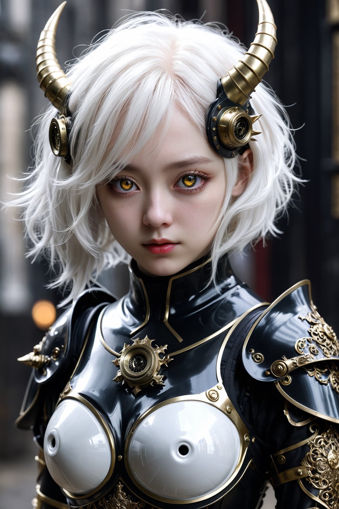 HONG KONG Girl ((September Ai)) ,  short messy hair, 

1 girl, (masterful), blur, black_hair, albino demon girl,slit pupil eyes,Intricate Iris Details,heterochromia_iridis,(gas mask),(long intricate horns:1.2) ,pure white hair,Wearing Medieval black Knight Armor,Gold carved full plate Armor, best quality, highest quality, extremely detailed CG unity 8k wallpaper, detailed and intricate, ,steampunk style,perfecteyes
