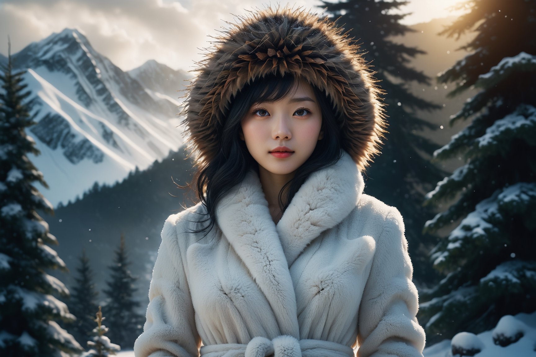 HONG KONG Girl ((September Ai)) ,  short messy hair, 

Stunning and beautiful Japanese super model, wearing white fur long coat on the naked body and fur hat, standing on the snow fileld Full-body wide shot, 18mm lens, zoom out, clouds, mist, outdoors, snowing, only 1pine tree 8k resolution, hyperrealism photo, concept art of detailed character design, cinema concept, cinematic lighting, expression and untamed, stylish, elegant, breathtaking, mysterious, fascinating, curiously complete face, elegant, gorgeous, cinematic look, calming tones, incredible details, intricate details, hyper detail, Fuji Superia 400, warm tones, lens flare, depth of field, bokeh effect, backlit, light leak, by Esao Andrews style, by Rutkowski Repin artstation style, by Wadim Kashin style, by Konstantin Razumov style, by Tim burton style, dark gothic style Ayase Haruka's face ,aesthetic portrait,Movie Still,korean girl
