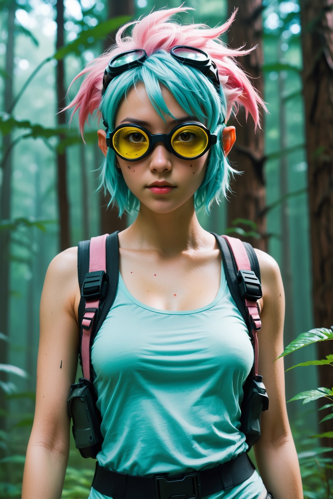  HONG KONG Girl ((September Ai)) , Pink AQUA Yellow  short messy hair, 

Sci-Fi RPG Character, close-up Full-body character portrait, Tank-Girl, small elf ears, legs, messy dyed hair, intricate clothes, goggles on top of her head, forest background, art by Jamie Hewlett and Ilya Kuvshinov, pipe.safety_checker = lambda images, clip_input: (images, False), sooyaaa,minsi
