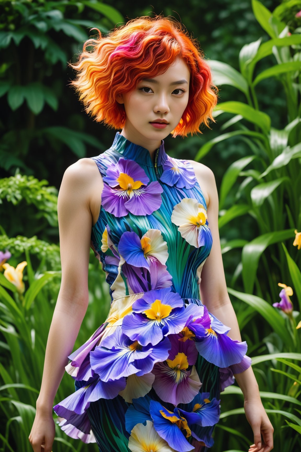 HONG KONG Girl ((September Ai)) ,  short messy hair, 

(best quality, 4k, 8k, highres, masterpiece), ultra-detailed, (realistic, photorealistic, photo-realistic), outdoor photoshoot, summer fashion, stunning model with vibrant multicolored hair, wearing a bright, floral-patterned Iris van Herpen dress, dynamic runway setting, lush garden background, vivid, lively, sunlit, high-fashion editorial, magazine photoshoot, energetic fashion poses, kaleidoscope of colors
