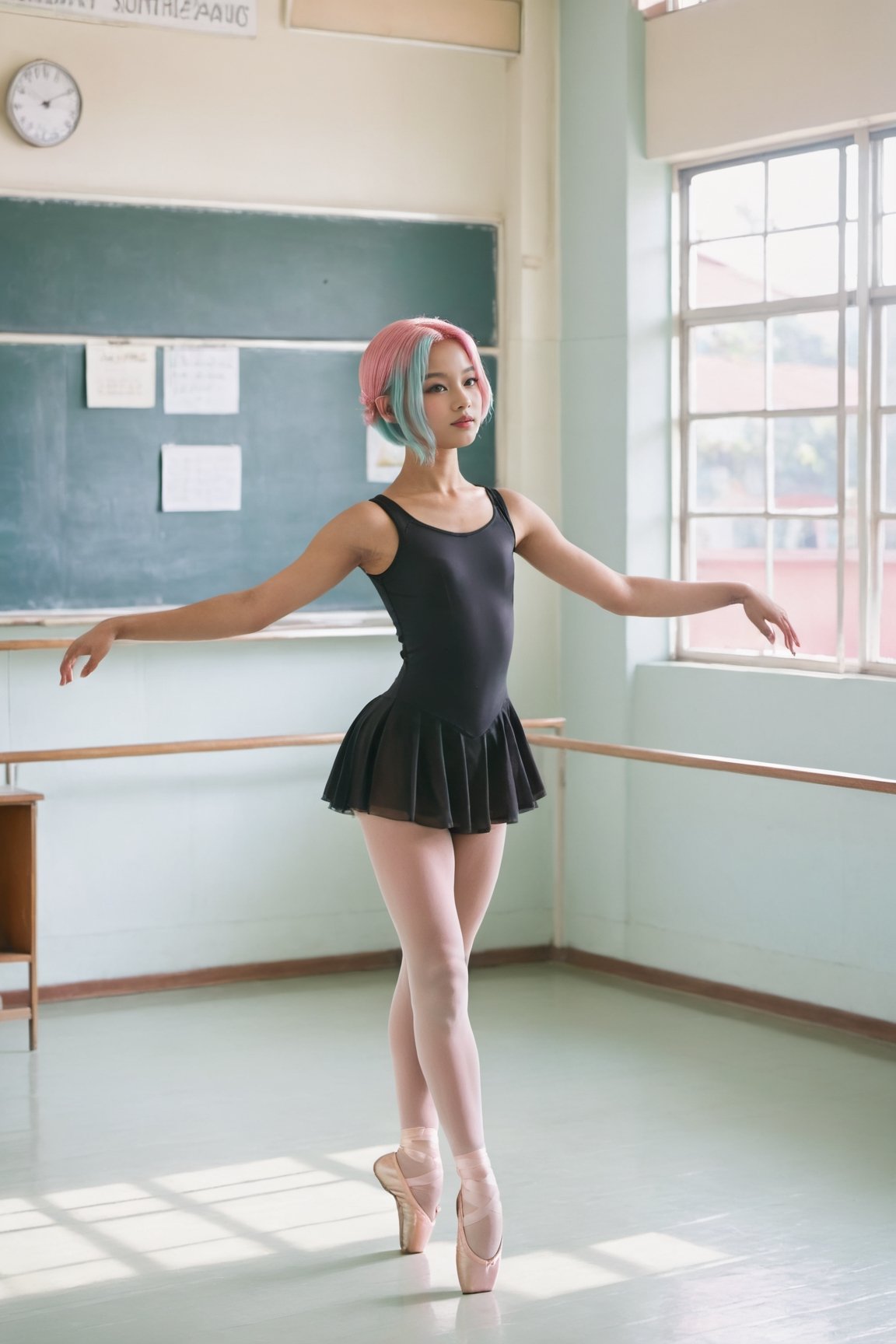 A full body portrait,  hyperdetailed indonesian photography,  by Elizabeth Polunin,  pink hair colour short hair young indonesian schoolgirl with black skin, she is dressed in a ballet suit and ballet shoes, she is dancing inside a classroom,kyoshitsu aqua tone, sunlight ,