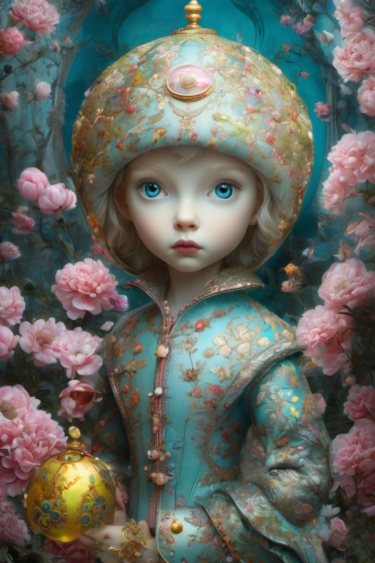 Fairytale, intricate details, magical. Ray Caesar, Alexander Jansson, Craig Davison, Fragonard. Hires 32k digital painting, surrealism, hyperrealism. Insanely detailed portrait Faberge egg depicting scene from chinese fairy tail. Dark garden background. Vibrant pastel colors, caricature, soft rim lighting, cinematic lighting. Detailed face, perfect face, delicate face, large round reflective eyes, perfect eyes., ,cyborg style