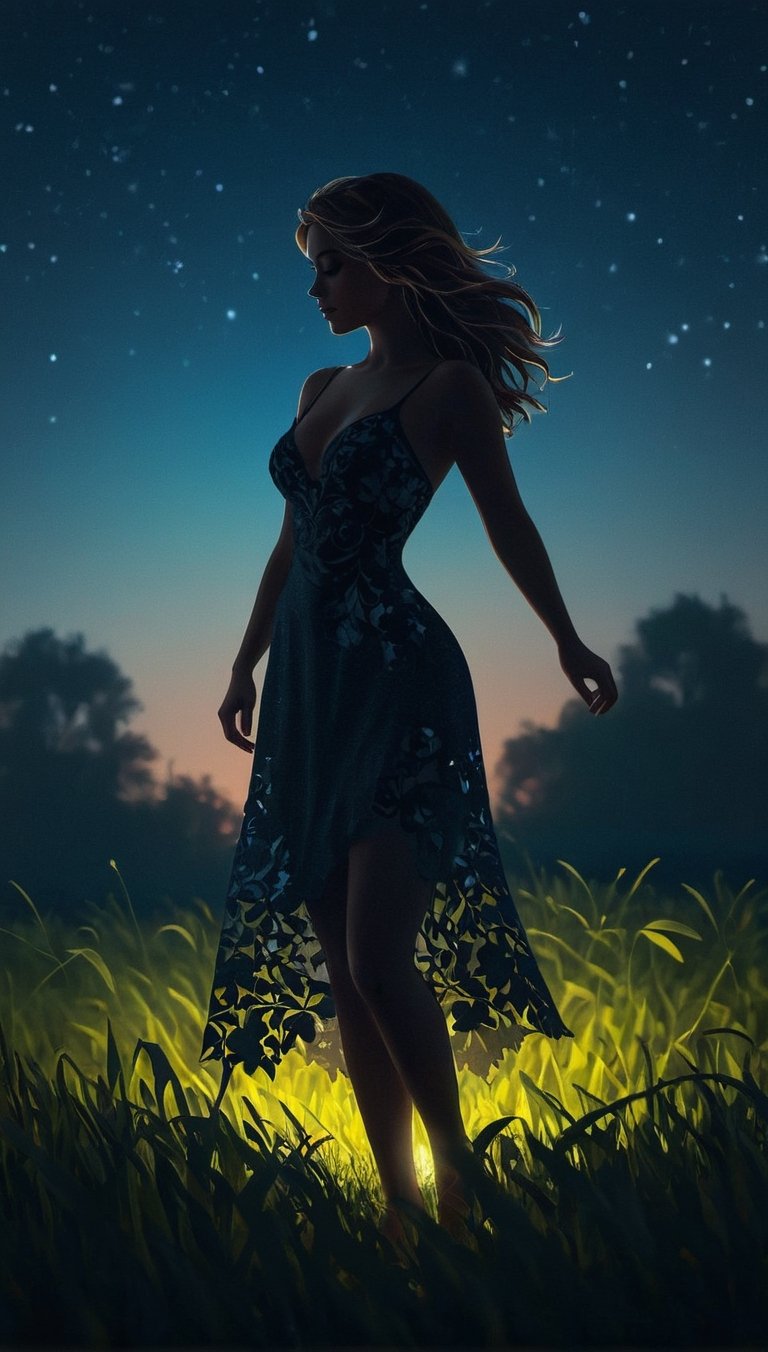 Shadow art, photograf of beautiful woman silhouette posing on the dark luminescent meadow, gorgeous voluptuous body, alluring, barefoot, 8k, UHD, masterpiece, hight resolution, delicate detail, realistic, highly detailed, perfect composition, beautiful, detailed, insanely detailed, octane render, trending on artstation, 8k artistic photography, photorealistic concept art, soft, natural, volumetric, cinematic, natural light
