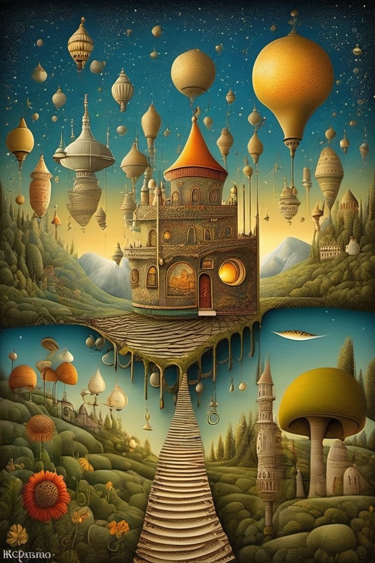 Neo surrealism, whimsical art, painting, fantasy, magical realism, bizarre art, pop surrealism, inspired by Remedios Var, Jacek Yerka and Gabriel Pacheco. Create an illustration of a kashmir song  Oh, let the sun beat down upon my face
And stars fill my dream
I'm a traveler of both time and space...