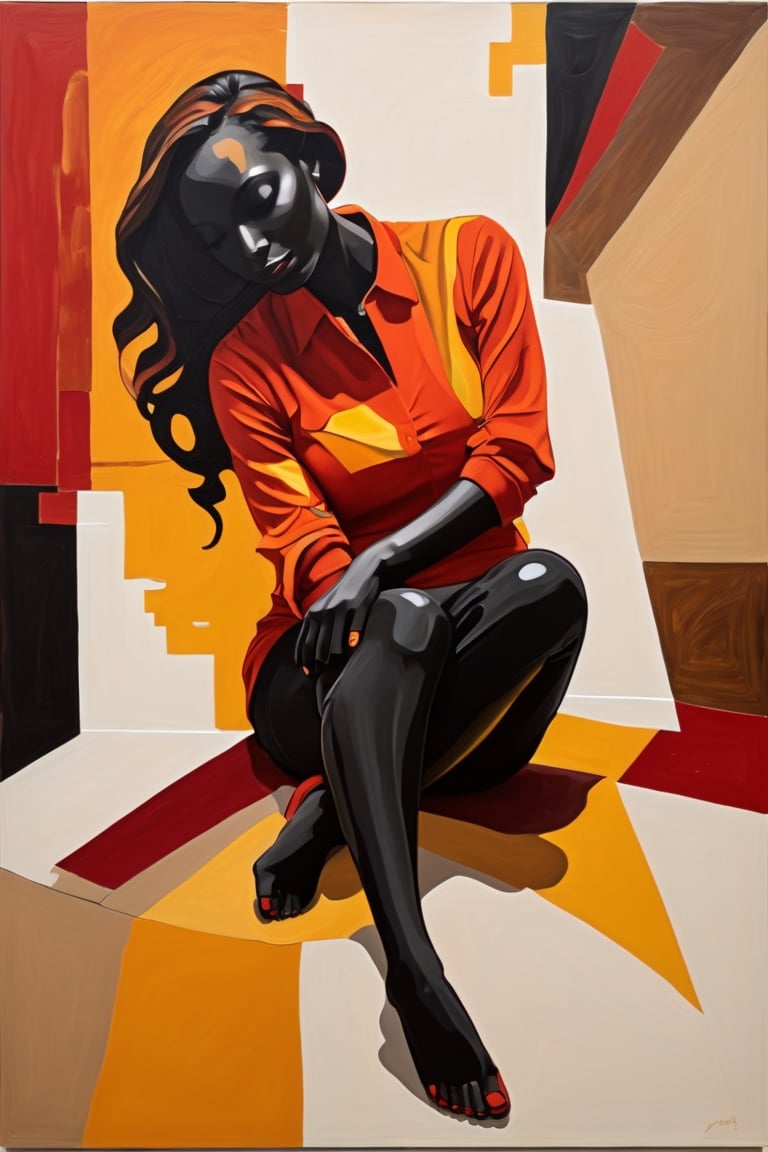 An abstract figurative painting of the entire female silhouette sitting on the floor with her legs folded. Red, orange, yellow, brown, black color palette.