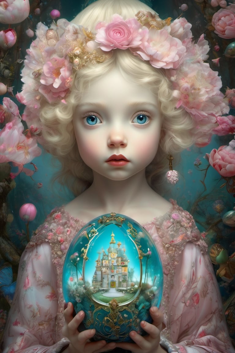 Fairytale, intricate details, magical. Ray Caesar, Alexander Jansson, Craig Davison, Fragonard. Hires 32k digital painting, surrealism, hyperrealism. Insanely detailed portrait Faberge egg depicting scene from chinese fairy tail. Dark garden background. Vibrant pastel colors, caricature, soft rim lighting, cinematic lighting. Detailed face, perfect face, delicate face, large round reflective eyes, perfect eyes., ,cyborg style