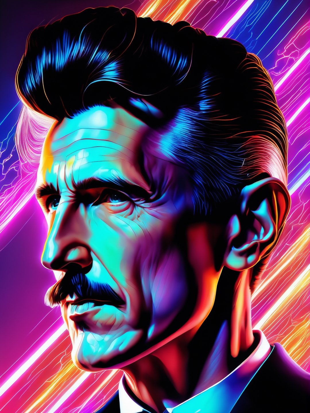 Nikola Tesla artwork, Leonardo Style, Bold, Digital Painting, Edgy, Colorful, 8K UHD, Intricate Details, happy lighting, hyper-realistic details, with digital painting techniques, trending on Artstation, cinematic lighting, realistic hair, detailed hair, (upper body), vaporwave, bright lighting, aestethic, electricity effect, smooth face