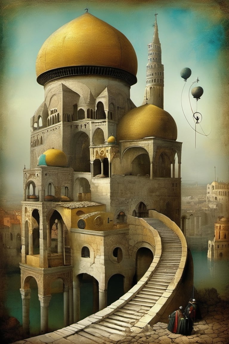 Neo Surrealism, by Gabriel Pacheco and Max Ernst,  painting a Ruins of Byzantine Constantinople , fantasy Victorian art, magical realism bizarre art, pop surrealism, whimsical art.