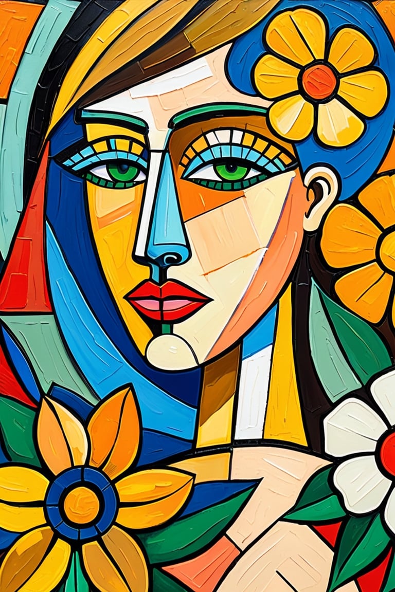 close shot, || portrait of a base with flowers, with strokes of color that draws the image ||, Cubist artwork, artistic oil painting stick,Cubist artwork ,art_booster,colorful