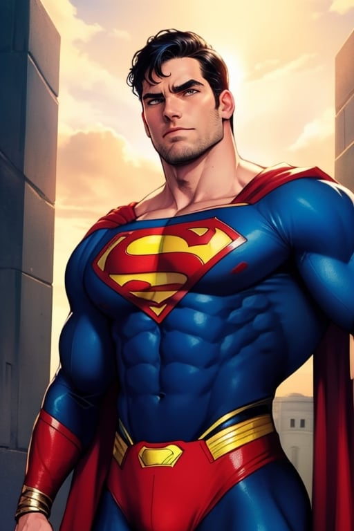 DC Comics Superman, a very strong Superman, with giant muscles, five o'clock shadow beard on his face, a concerned look on his face, very dark costume colors,