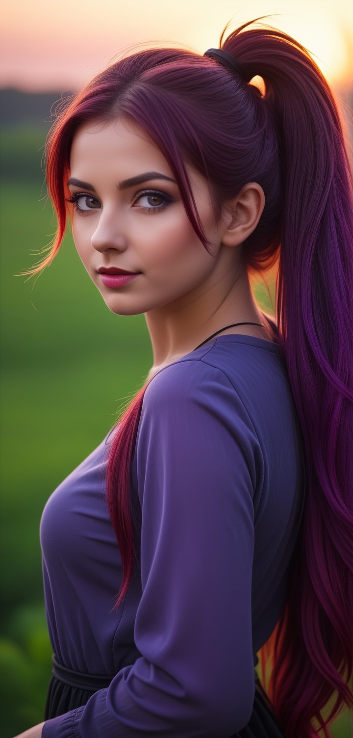 Ultra Long Exposure Photography))  Slavian girl with long crazy double ponytail hair, beautiful Slavic oval face,multicolored hair(coloring in the style of Goth:0.1),fiery red wavy hair fluttering in the wind,hair flutters in the wind, the setting red sun highlights the hair from the inside,(((ombre,(purple),(black))colorful)hair color),(Transperent dress)(Transperent Parts)Looking at the camera, (a slight smile),He goes towards the camera,She is the goddess of horticulture. She’s covered in millions of microscopic ultra bright green neon strings emanating from her body. beautiful backlit silhouette, high detailed, covered in neon vines and leaves. Green color palette.(wind:1.3), detailed hair, beautiful face, beautiful girl, ultra detailed eyes, cinematic lighting, (hyperdetailed:1.15), outdoors,,depth of field, film photography, film grain, glare,wet plate,<lora:659095807385103906:1.0>