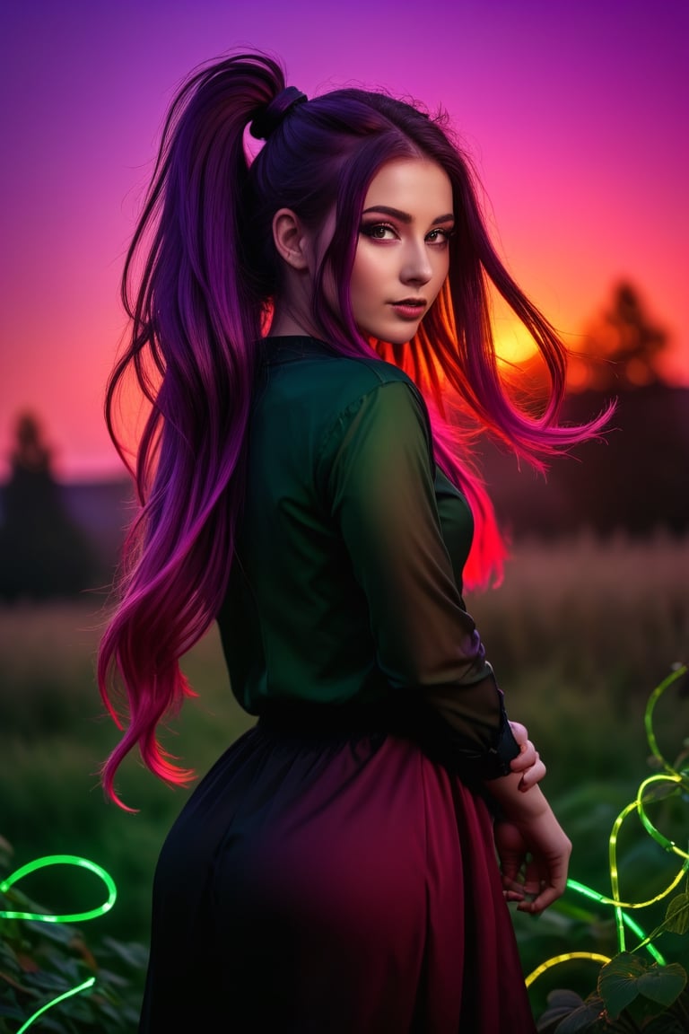 Ultra Long Exposure Photography))  Slavian girl with long crazy double ponytail hair, beautiful Slavic oval face,multicolored hair(coloring in the style of Goth:0.1),fiery red wavy hair fluttering in the wind,hair flutters in the wind, the setting red sun highlights the hair from the inside,(((ombre,(purple),(black))colorful)hair color),(Transperent dress)(Transperent Parts)Looking at the camera, (a slight smile),He goes towards the camera,She is the goddess of horticulture. She’s covered in millions of microscopic ultra bright green neon strings emanating from her body. beautiful backlit silhouette, high detailed, covered in neon vines and leaves. Green color palette.,,<lora:659095807385103906:1.0>,<lora:659095807385103906:1.0>