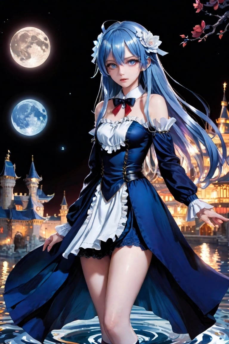 (((masterpiece))),best quality, illustration,beautiful detailed glow,detailed ice,beautiful detailed water,red moon, (magic circle:1,2), (beautiful detailed eyes),expressionless,beautiful detailed white gloves, own hands clasped, (floating palaces:1.1),azure hair,disheveled hair,long bangs, hairs between eyes, dark dress, (dark magician girl:1.1),black kneehighs, black ribbon,white bowties,midriff,{{{half closed eyes}}},,big forhead,blank stare,flower,large top sleeves,,,<lora:659095807385103906:1.0>