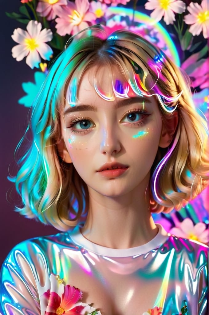 portrait, 1 girl, solo, short wavy hair, flowing neon, colored holographic floral background, holographic, iridescent, vaporwave, fluid, flowers, lying from the front point pose, high fashion, realistic,Flat vector art,xxmix_girl,kwon-nara-xl,Vector illustration,Illustration,long blonde hair,xxmixgirl,REAL GIRL beta,wonder beauty ,lis4,LinkGirl