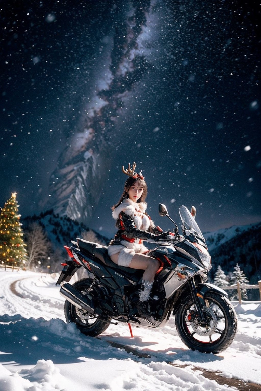 Outdoors, snowing, mountain road with blowing snow, beautiful girl in sexy christmas outfit, sitting on the back of a deer,Christmas gifts are scattered on the ground, ((looks at camera)), high resolution, highly detailed, looking at viewer, sexy appearance, posing for Photoshoot, girl, sexy christmas outfit, 1 girl, 1 Rudolph , reality, sntdrs, snowflakes, very sharp, heavy snow, Rudolph the deer with its horn cut off watches from the side of Santa Girl., christmas,realistic,ChristmasDecorativeStyle,Snow,Snowflakes