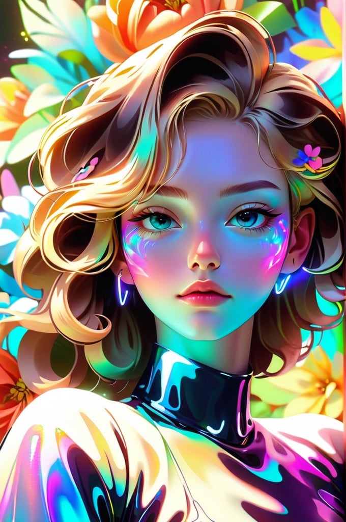 portrait, 1 girl, solo, short wavy hair, flowing neon, colored holographic floral background, holographic, iridescent, vaporwave, fluid, flowers, lying from the front point pose, high fashion, realistic,Flat vector art,xxmix_girl,kwon-nara-xl,Vector illustration,Illustration,long blonde hair,xxmixgirl,REAL GIRL beta,wonder beauty ,lis4