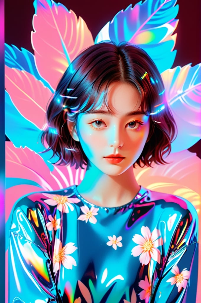 portrait, 1 girl, solo, short wavy hair, flowing neon, colored holographic floral background, holographic, iridescent, vaporwave, fluid, flowers, lying from the front point pose, high fashion, realistic,Flat vector art,xxmix_girl,kwon-nara-xl