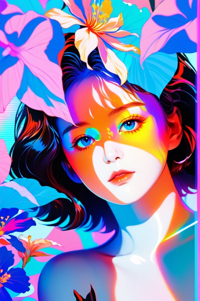 portrait, 1 girl, solo, short wavy hair, flowing neon, colored holographic floral background, holographic, iridescent, vaporwave, fluid, flowers, lying from the front point pose, high fashion, realistic,Flat vector art,xxmix_girl,kwon-nara-xl