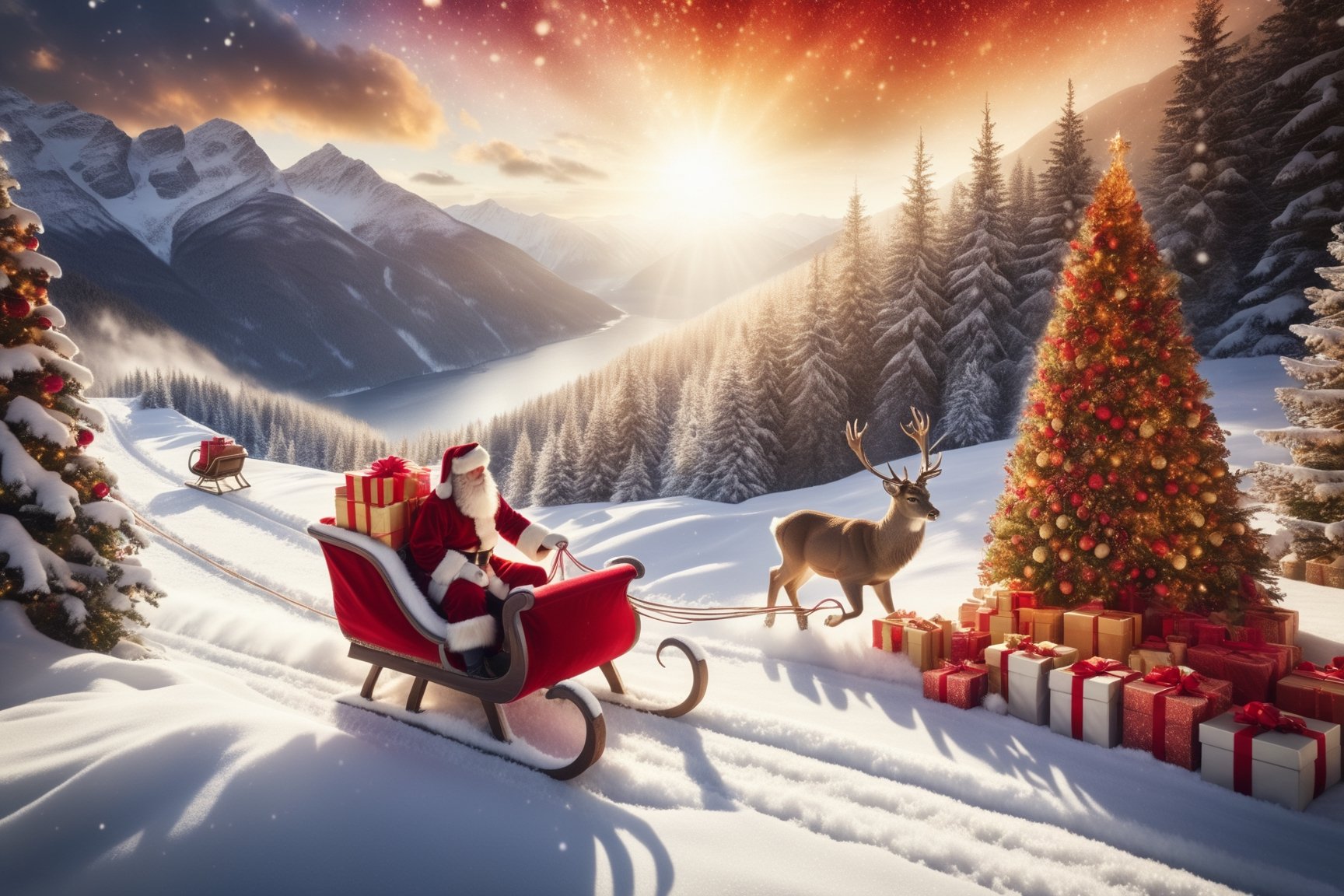 outdoor, snowy, mountain path, mountain path with heavy snow blowing, A deer sits on a sleigh full of gift boxes and Santa Claus  pulls the sleigh in front, Santa Claus pulling a sleigh with a deer sitting in front, (warm and bright color tones), (soft diffused lighting), masterpiece, top quality, detailmaster2, ral-chrcrts, christmas,skptheme
