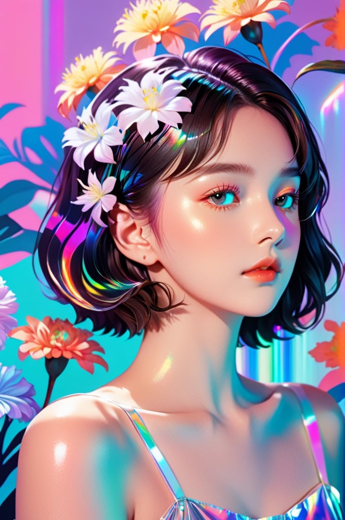 portrait, 1 girl, solo, short wavy hair, flowing neon, colored holographic floral background, holographic, iridescent, vaporwave, fluid, flowers, lying from the front point pose, high fashion, realistic,Flat vector art,xxmix_girl