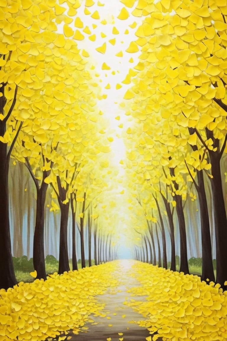 art work canvas,yellow ginkgo forest road,There is a fallen ginkgo tree so far that you can't see the floor.
