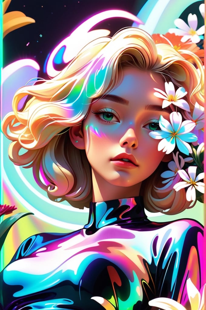 portrait, 1 girl, solo, short wavy hair, flowing neon, colored holographic floral background, holographic, iridescent, vaporwave, fluid, flowers, lying from the front point pose, high fashion, realistic,Flat vector art,xxmix_girl,kwon-nara-xl,Vector illustration,Illustration,long blonde hair,xxmixgirl,REAL GIRL beta,wonder beauty ,lis4