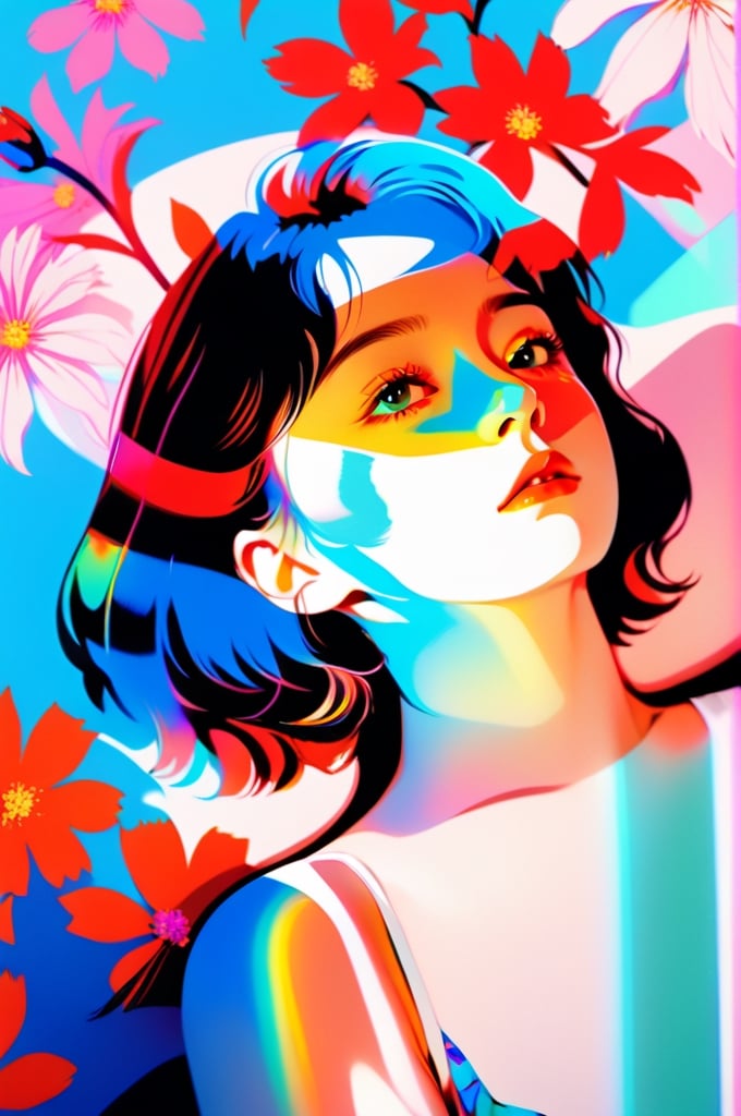 portrait, 1 girl, solo, short wavy hair, flowing neon, colored holographic floral background, holographic, iridescent, vaporwave, fluid, flowers, lying from the front point pose, high fashion, realistic,Flat vector art,xxmix_girl,kwon-nara-xl