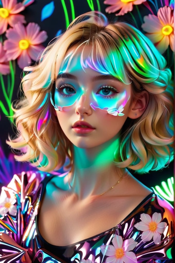 portrait, 1 girl, solo, short wavy hair, flowing neon, colored holographic floral background, holographic, iridescent, vaporwave, fluid, flowers, lying from the front point pose, high fashion, realistic,Flat vector art,xxmix_girl,kwon-nara-xl,Vector illustration,Illustration,long blonde hair,xxmixgirl,REAL GIRL beta,wonder beauty ,lis4,LinkGirl