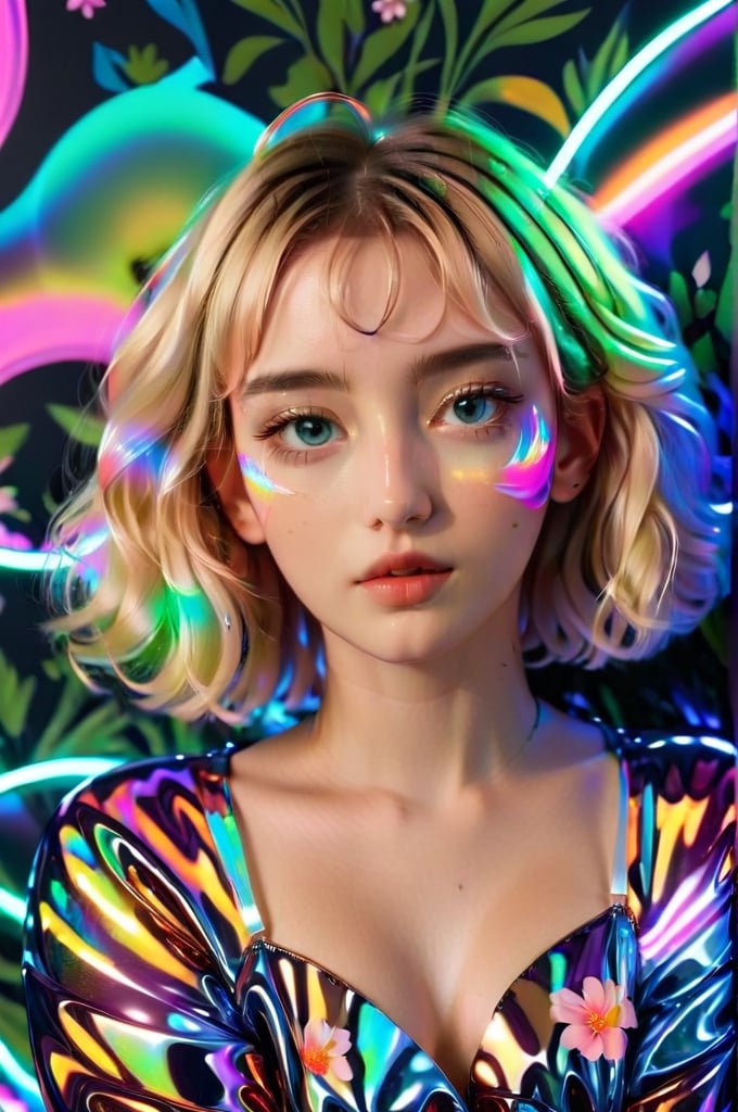 portrait, 1 girl, solo, short wavy hair, flowing neon, colored holographic floral background, holographic, iridescent, vaporwave, fluid, flowers, lying from the front point pose, high fashion, realistic,Flat vector art,xxmix_girl,kwon-nara-xl,Vector illustration,Illustration,long blonde hair,xxmixgirl,REAL GIRL beta,wonder beauty ,lis4,LinkGirl