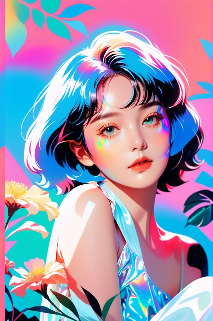 portrait, 1 girl, solo, short wavy hair, flowing neon, colored holographic floral background, holographic, iridescent, vaporwave, fluid, flowers, lying from the front point pose, high fashion, realistic,Flat vector art,xxmix_girl,kwon-nara-xl