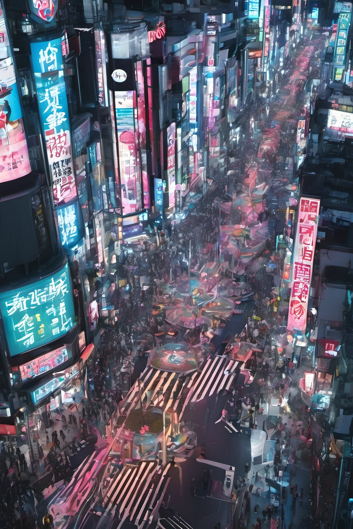 night city, top view ,Spirit Fox Pendant, people walking, realstic, neon light. high detail, high_resolution,make_3d,japan,Night view of Shibuya, Tokyo, scenery,traffic light, japan,DonMR0s30rd3rXL 