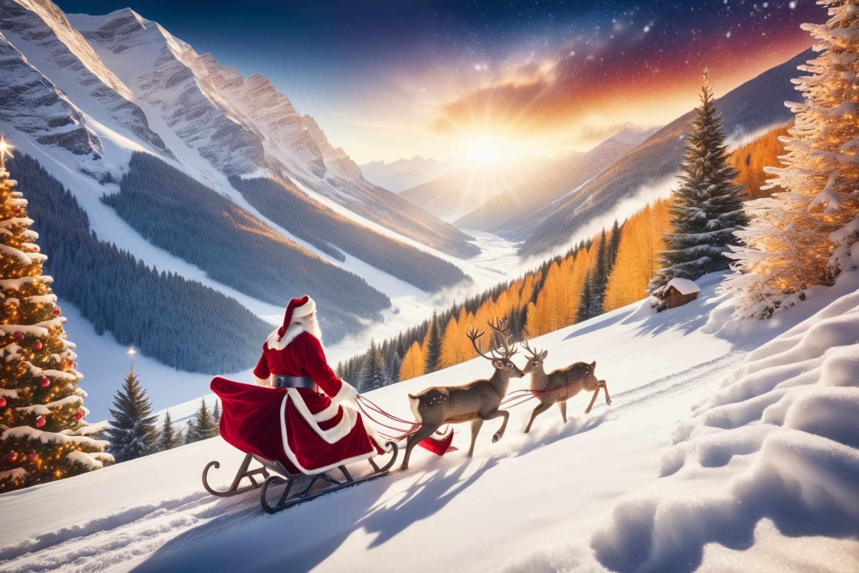 outdoor, snowy, mountain path, mountain path with heavy snow blowing, Santa Claus pulling a sleigh with a deer sitting in front, (warm and bright color tones), (soft diffused lighting), masterpiece, top quality, detailmaster2, ral-chrcrts, christmas,skptheme