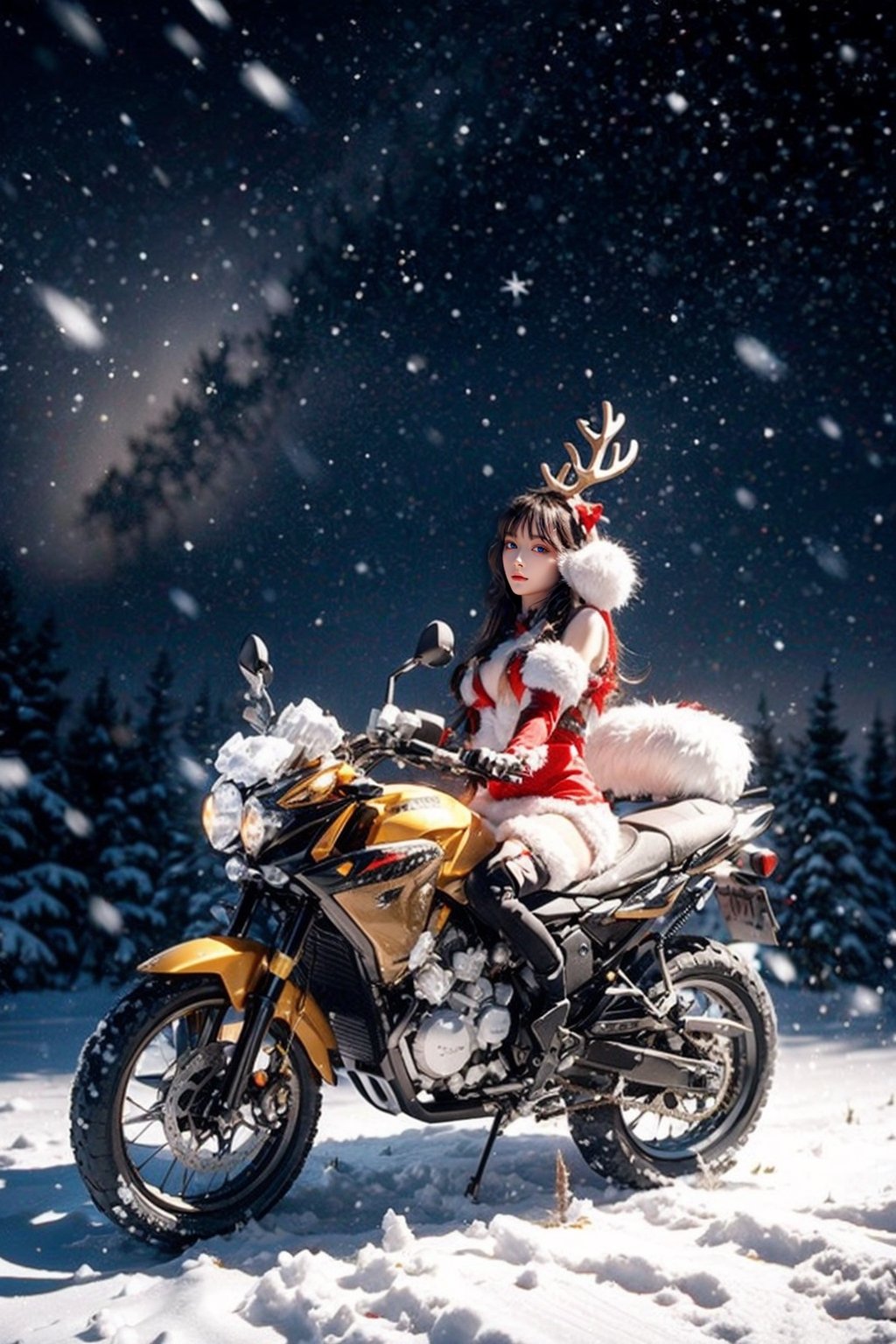 Outdoors, snowing, mountain road with blowing snow, beautiful girl in sexy christmas outfit, sitting on the back of a deer,Christmas gifts are scattered on the ground, ((looks at camera)), high resolution, highly detailed, looking at viewer, sexy appearance, posing for Photoshoot, girl, sexy christmas outfit, 1 girl, 1 Rudolph , reality, sntdrs, snowflakes, very sharp, heavy snow, Rudolph the deer with its horn cut off watches from the side of Santa Girl., christmas,realistic,ChristmasDecorativeStyle,Snow,Snowflakes