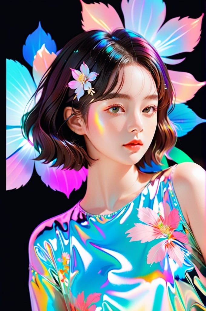 portrait, 1 girl, solo, short wavy hair, flowing neon, colored holographic floral background, holographic, iridescent, vaporwave, fluid, flowers, lying from the front point pose, high fashion, realistic,Flat vector art,xxmix_girl,kwon-nara-xl