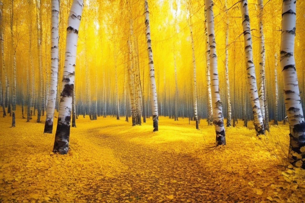 Strange flowers and plants, plants that do not belong to the earth, real, magical, exquisite, beautiful,xxmix_girl,birch forest,A forest with irregularly dense birch trees,ultra realistic,yellow leaves,Fallen leaves with yellow autumn leaves piled up on the ground.