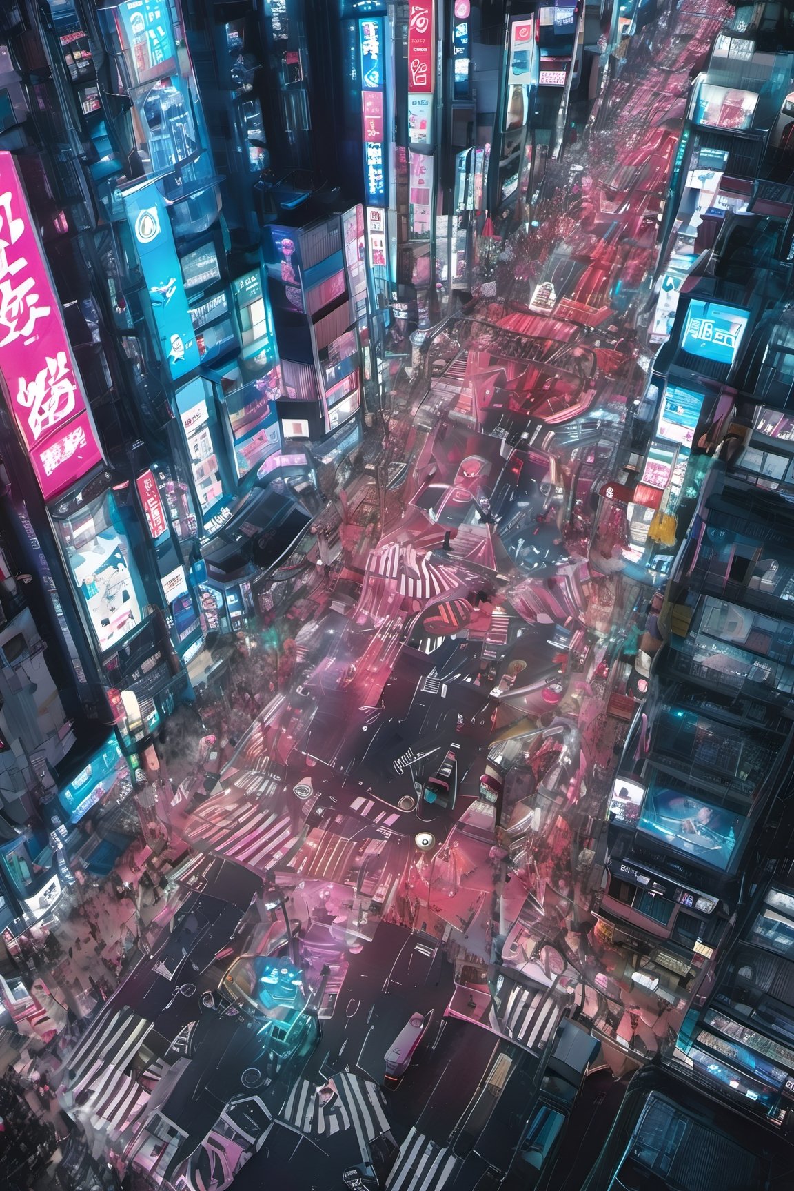night city, top view ,Spirit Fox Pendant, people walking, realstic, neon light. high detail, high_resolution,make_3d,japan,Night view of Shinjuku, Tokyo, scenery,traffic light, japan,DonMR0s30rd3rXL ,Pedestrian Signals