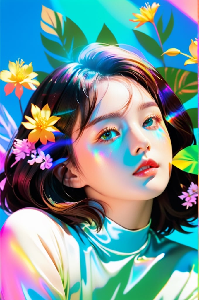 portrait, 1 girl, solo, short wavy hair, flowing neon, colored holographic floral background, holographic, iridescent, vaporwave, fluid, flowers, lying from the front point pose, high fashion, realistic,Flat vector art,xxmix_girl,kwon-nara-xl