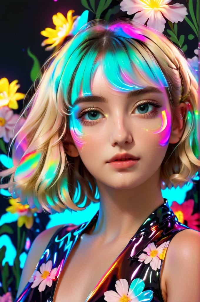 portrait, 1 girl, solo, short wavy hair, flowing neon, colored holographic floral background, holographic, iridescent, vaporwave, fluid, flowers, lying from the front point pose, high fashion, realistic,Flat vector art,xxmix_girl,kwon-nara-xl,Vector illustration,Illustration,long blonde hair,xxmixgirl,REAL GIRL beta,wonder beauty ,lis4,LinkGirl