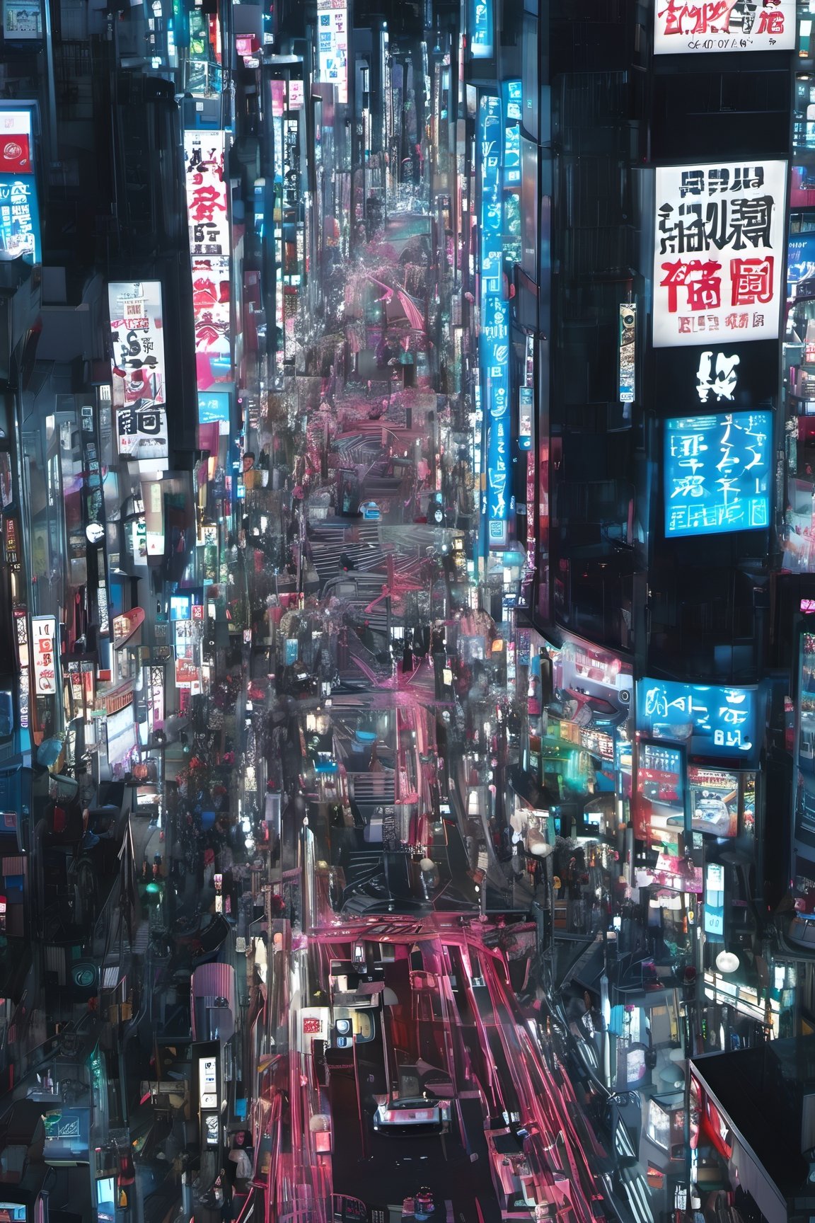 night city, top view ,Spirit Fox Pendant, people walking, realstic, neon light. high detail, high_resolution,make_3d,japan,Night view of Shinjuku, Tokyo, scenery,traffic light, japan,DonMR0s30rd3rXL 