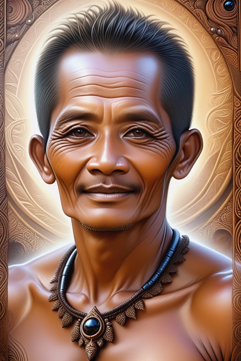 Black and brown drawing of an outdoor man,65 years old, BLACK eyes, Indonesia,little smile from under forehead, Karl Kopinski, fantasy, highly detailed, Vlop and Krenz Cushart, ornate detailing, Jean-Sebastian Rossbach, James Gene,ebes,ebezz,d1p5comp_style